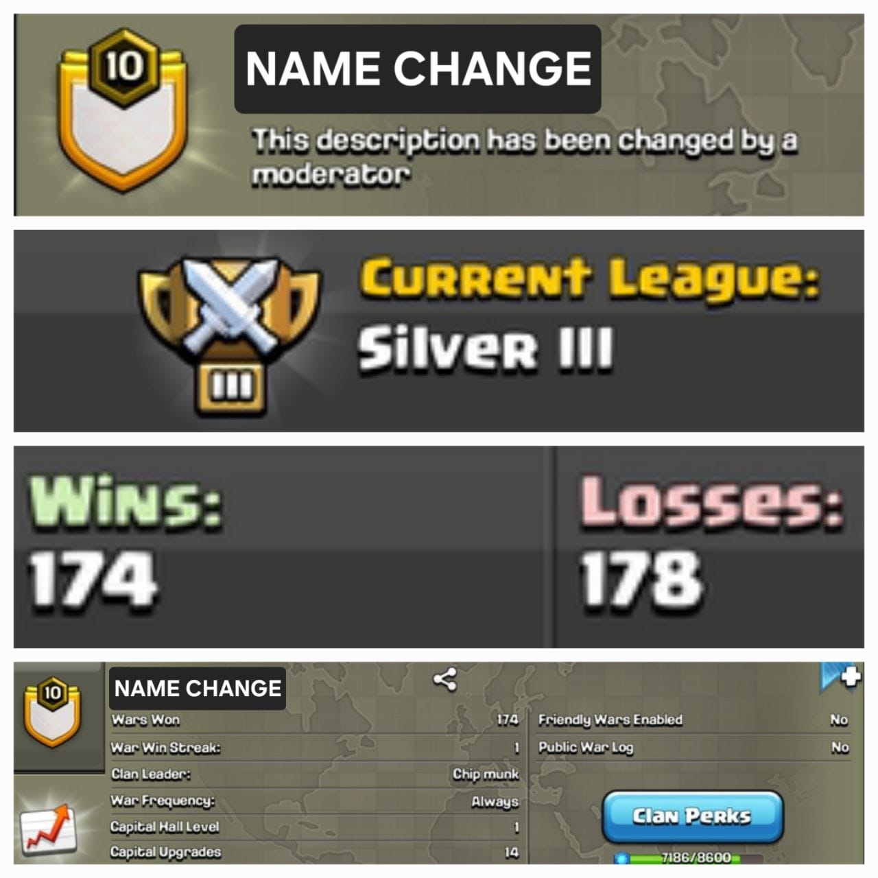 Level 10 name change clan || silver 3 || warlog 174-178