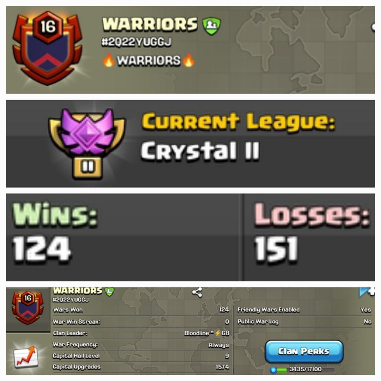 Level 16 clan || clan capital 9 || crystal 2 || name - WARRIORS