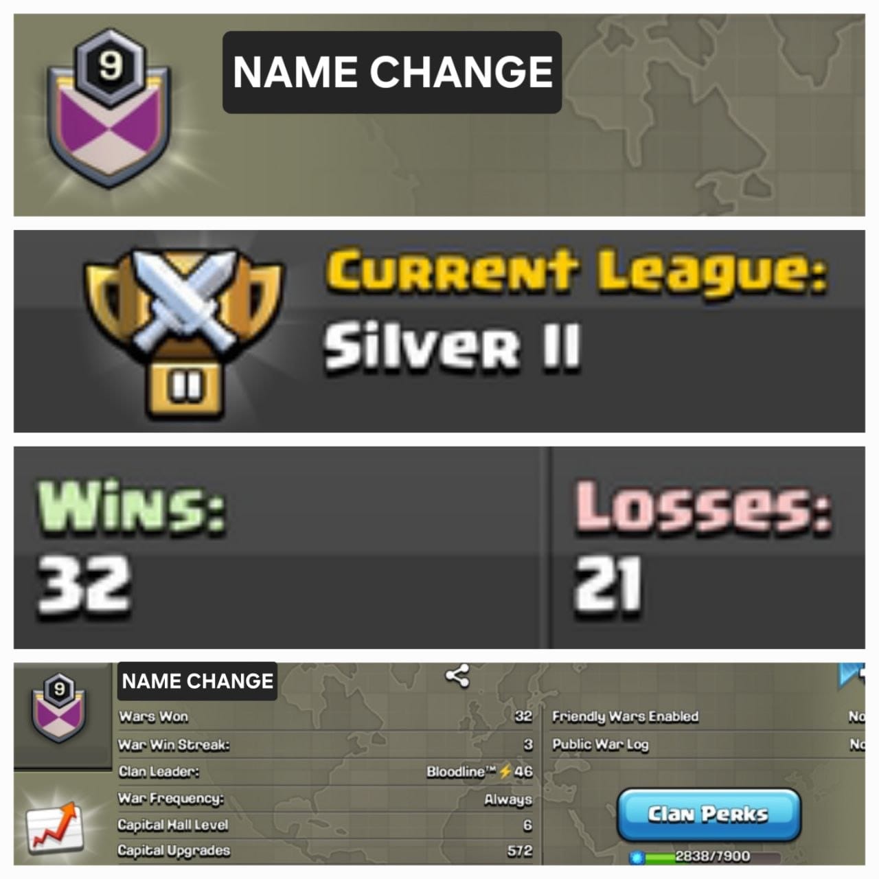 Level 9 name change clan || clan capital 6 || silver 2 || warlog 32-21