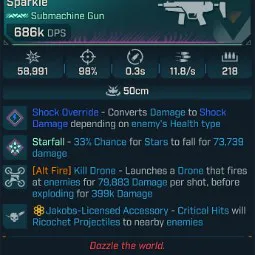 ⭐[MODDED] L1 JULIET'S SPARKLE (SHOCK CONVERT) - 686K DPS - 98% ACCURACY - 11.8/s F.RATE - 0.3S RELOAD - 218 MAG SIZE - RICOCHET - ALT FIRE KILL DRONE⭐