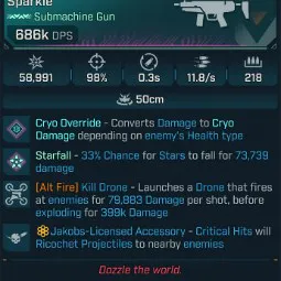 ⭐[MODDED] L1 JULIET'S SPARKLE (CRYO CONVERT) - 686K DPS - 98% ACCURACY - 11.8/s F.RATE - 0.3S RELOAD - 218 MAG SIZE - RICOCHET - ALT FIRE KILL DRONE⭐