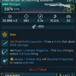 ⭐[MODDED] L1 DOESHOT - 597K DPS - 98% ACCURACY - 0.5s RELOAD - 10.0/s FIRE RATE - KNIFE LAUNCHER 500K DMG - RIPPER FULL AUTO INSTANT CHARGE⭐
