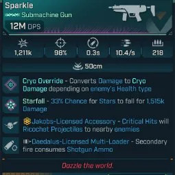 ⭐[MODDED] L70 JULIET'S SPARKLE (FIRE) - 12M DPS - 98% ACCURACY - 10.4/s FIRE RATE - 0.3s RELOAD - 218 MAG - RICOCHET⭐