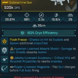 ⭐[MODDED] L1 FLASH CYCLONE (163% CRYO EFFICIENCY) - 535K DPS - 98% ACCURACY - 0.3s RELOAD - 15.9/s FIRE RATE - HYP ABSORB - RICOCHET - RIPPER MAG⭐