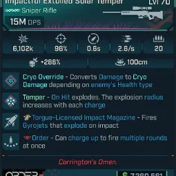 ⭐[MODDED] L70 SOLAR TEMPER (CRYO CONVERT) - 15M DPS - 96% ACCURACY - 2.6/s FIRE RATE - 0.6s RELOAD - STICKY GYROJETS⭐