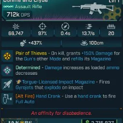 ⭐[MODDED] L1 BONNIE AND CLYDE - 712K DPS - 0.4s RELOAD - 13.7 FIRE RATE - GYROJETS - JAKOBS RICOCHET - HAND CRANK⭐