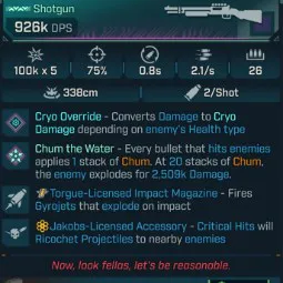 ⭐[MODDED] L1 SHARKBAIT (CRYO CONVERT) - 926K DPS - 75% ACCURACY - 2.1/s FIRE RATE - 0.8s RELOAD - 26 MAG SIZE - RICOCHET - GYROJETS⭐