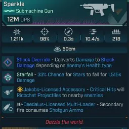 ⭐[MODDED] L70 JULIET'S SPARKLE (SHOCK) - 12M DPS - 98% ACCURACY - 10.4/s FIRE RATE - 0.3s RELOAD - 218 MAG - RICOCHET⭐