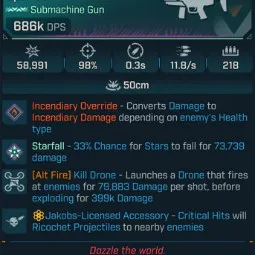 ⭐[MODDED] L1 JULIET'S SPARKLE (FIRE CONVERT) - 686K DPS - 98% ACCURACY - 11.8/s F.RATE - 0.3S RELOAD - 218 MAG SIZE - RICOCHET - ALT FIRE KILL DRONE⭐