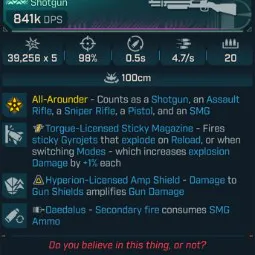 ⭐[MODDED] L1 BOD - 841K DPS - 98% ACCURACY - 4.7/s FIRE RATE - 0.5s RELOAD - STICKY GYROJETS - HYP AMP SHIELD - DAEDALUS FIRE SMG AMMO⭐