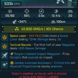⭐[MODDED] L1 OSCAR MIKE - 533K DPS (+22K RAD DMG/S) - 96% ACCURACY - 0.5S RELOAD - 12.4/s F.RATE - SPACE LASER 1,614K DMG - RICOCHET - GYROJETS⭐
