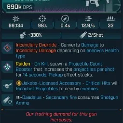 ⭐[MODDED] L1 RAIDEN (FIRE CONVERT) - 690K DPS - 98% ACCURACY - 12.9/s FIRE RATE - 0.4s RELOAD - RICOCHET - 2ND FIRE SHOTGUN AMMO⭐