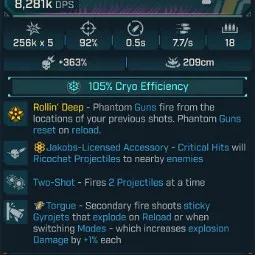 ⭐[MODDED] L70 SCOOT'N'SHOOT (CRYO) - 8,281K DPS - 7.7/s FIRE RATE - 0.5s RELOAD - 5 PROJECTILES - RICOCHET - STICKY GYROJETS⭐