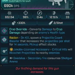 ⭐[MODDED] L1 RAIDEN (CRYO CONVERT) - 690K DPS - 98% ACCURACY - 12.9/s FIRE RATE - 0.4s RELOAD - RICOCHET - 2ND FIRE SHOTGUN AMMO⭐