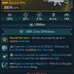 ⭐[MODDED] L1 LOCKJAW - 867K DPS (108% CRYO EFF) - 97% ACC - 0.3s RELOAD - 6.4/s F.RATE - 143 MAG - RICOCHET - RIPPER MAG⭐