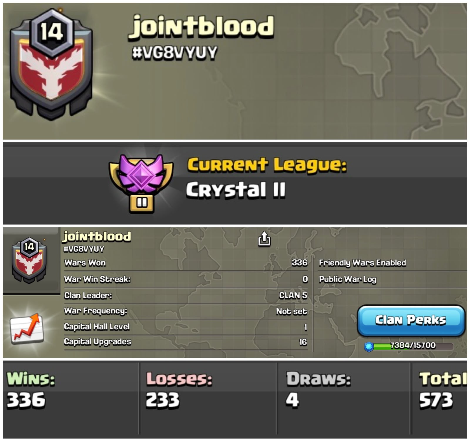 Level 14 clan || crystal 2 || 7 digit tag warlog 336-233 || name - jointblood