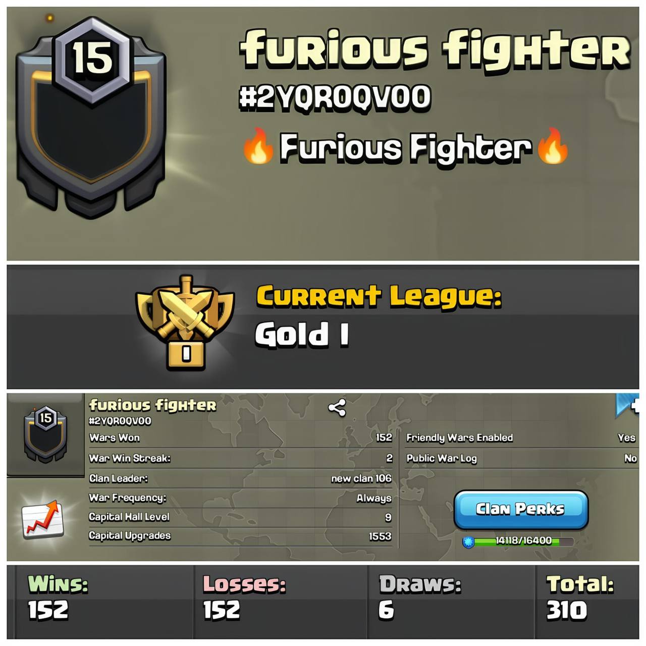 #furious fighter🔥LVL 15.8🔥GOLD LEAGUE 1🔥CAPITAL HALL 9🔥DESCENT WAR LOG🔥VALUE FOR MONEY🔥RARE NAME CLAN!