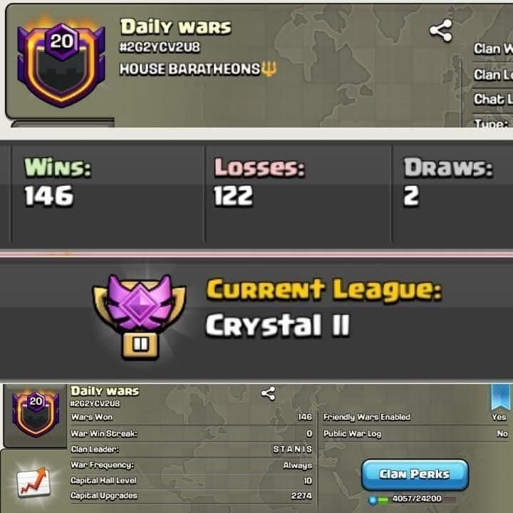 Daily Wars ⭐ Level 20  Capital Hall 10 👑 War Win 146 ⚔️ Lost 122 🔥 League Crystals 2 ☯️ Very Fast Delivery
