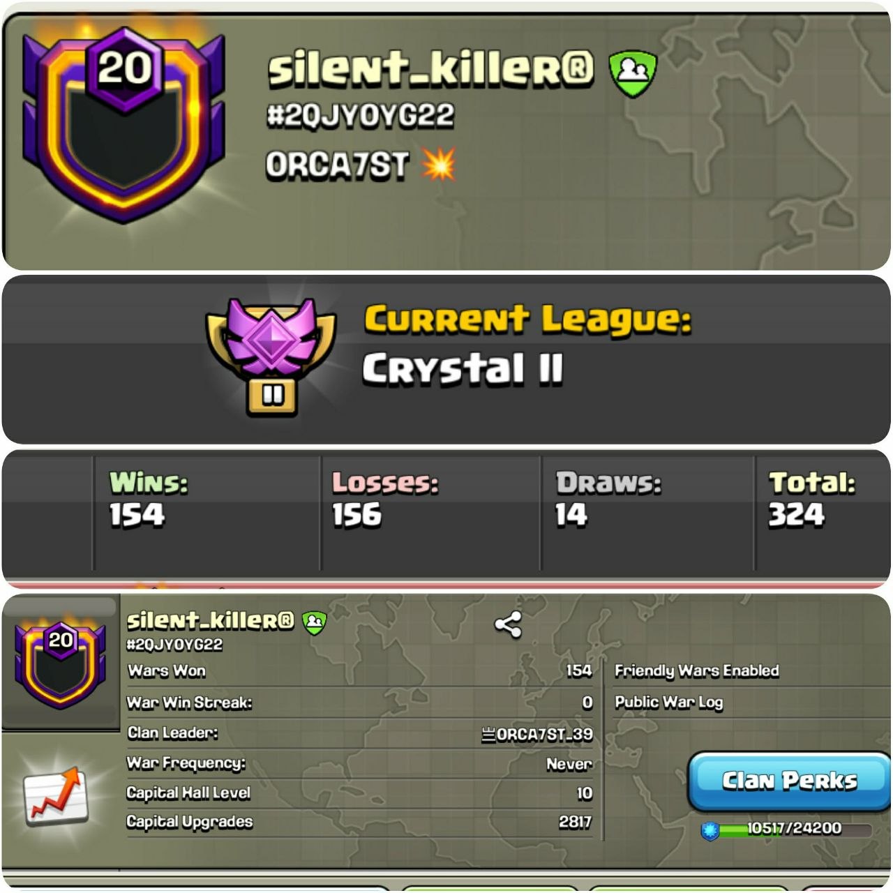Silent Killer 🏆 Level 20 💥 WoW English Unique Name 👑 League Crystals ☯️ War Log Win 154 Lost 156 🔥 Capital Hall 10 Best