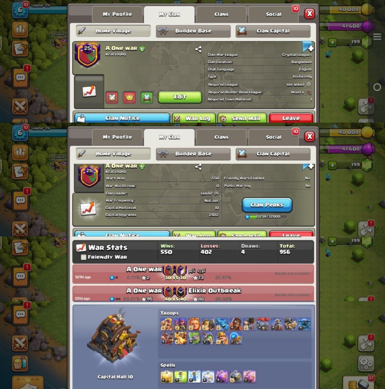 Level 25 🔥 Name [ A One War ] [] Rare Clan ☯️ Capital Hall 10 👑 League Crystals 1 ⭐ War Win 550 💥 Lost 402 ☣️ Best Clan
