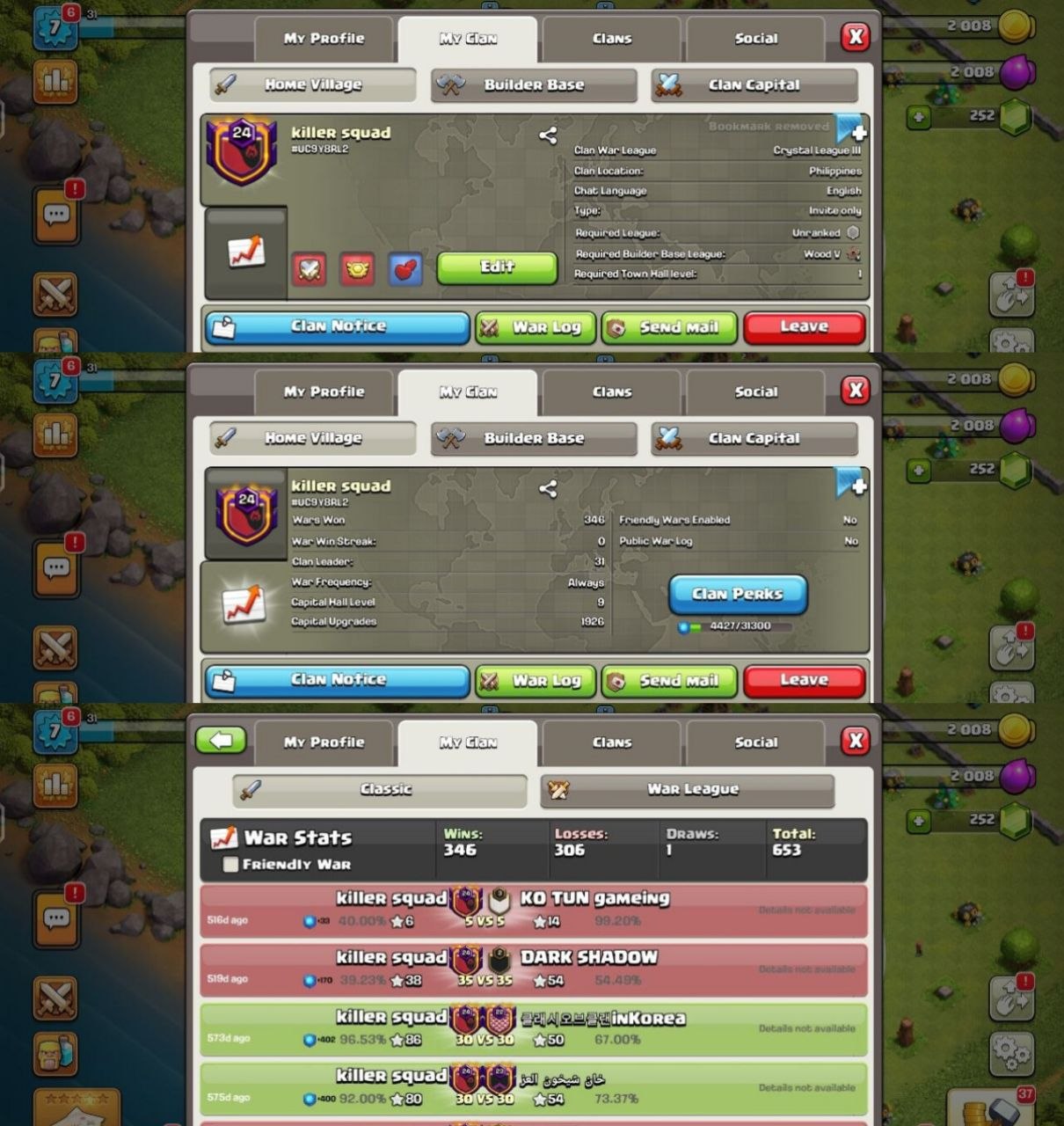 Killer Squad ☣️ Level 24 💎 Rare Clan 🔥 WoW Name 👑 League Crystals ☯️ War Log Posative ⭐ Win 346 🎖️ Lost 306 💎 Best Clan