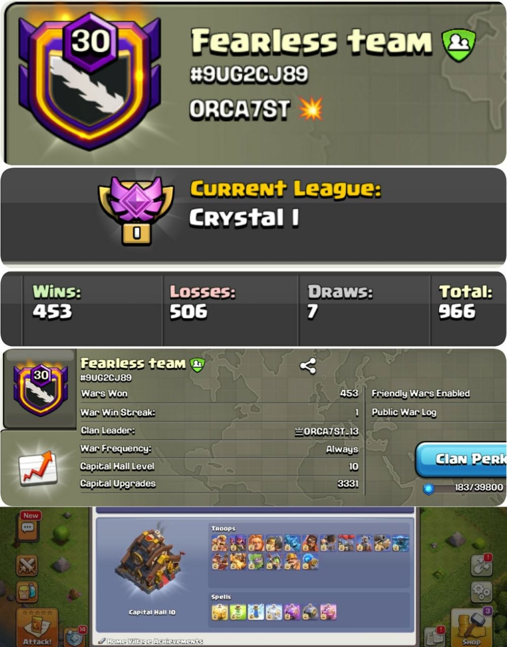 Level 30 ☣️ Fearless Team 🔥 Capital Hall Full Max 👑 League Crystals 1 ⭐ 453 War Win ☯️ Super Clan