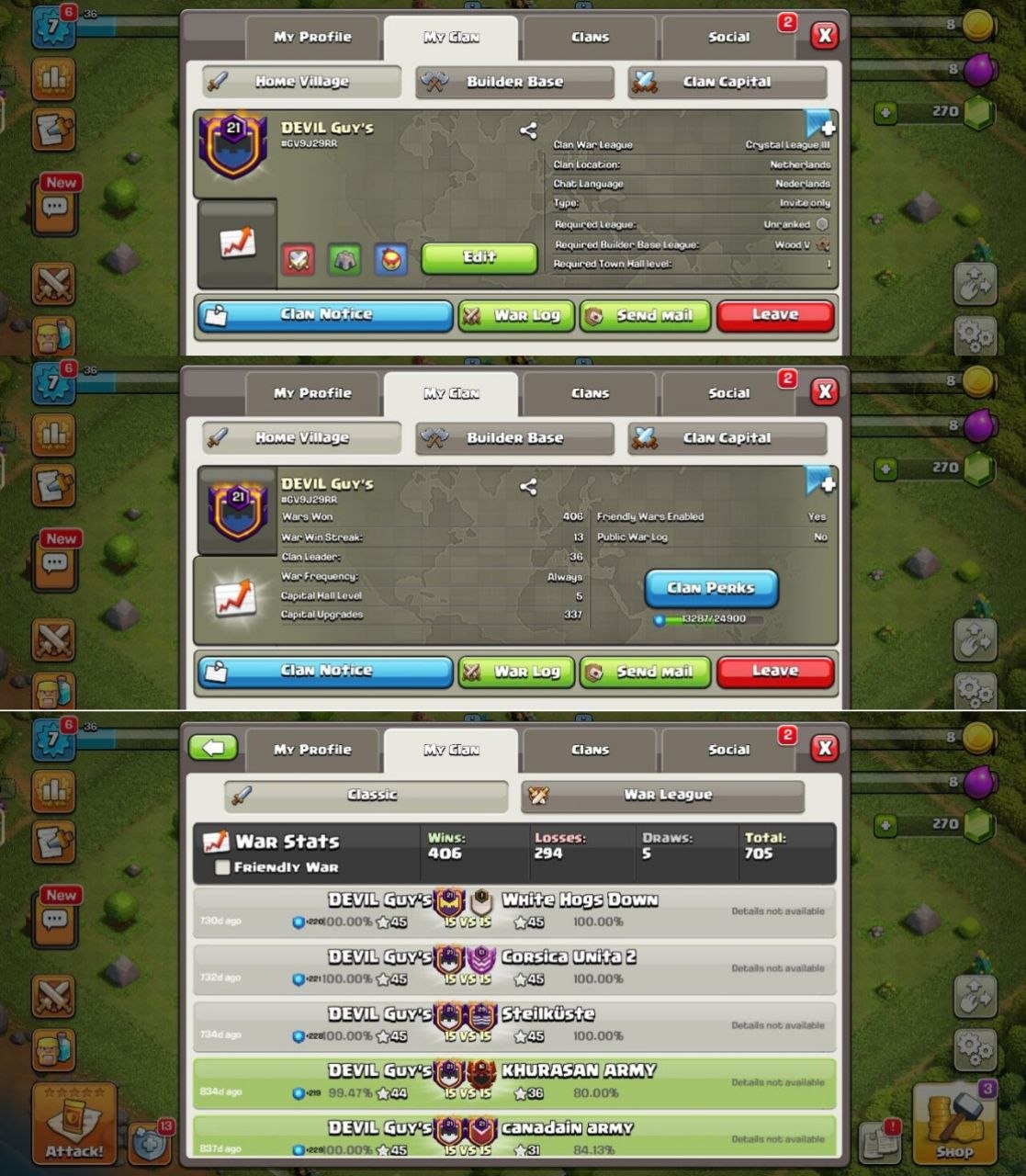 Devil Guys ☣️ Level 21 💎 War Win Streak 13 👑 League Crystals ⭐ War Win 406 💥 Lost 294 ☯️ Fast Delivery