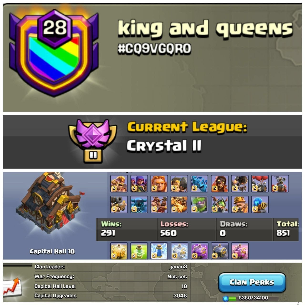 King And Queens 💎 Level 28 🔥 Capital Hall Max 👑 League Crystals 2 ☣️ Unique Clan ☯️ Best Deal