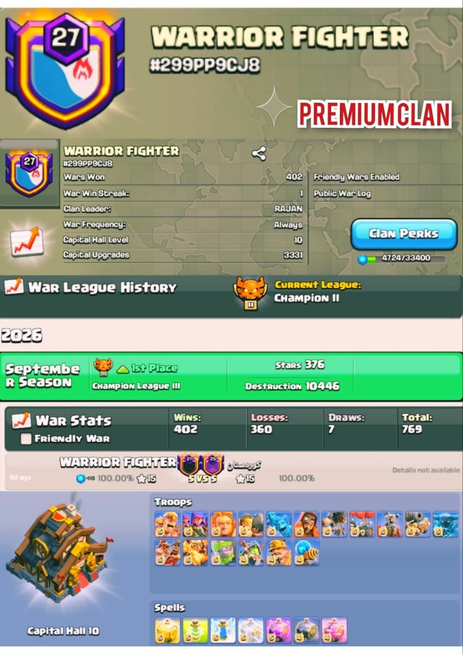 Cwl League [Champion-2] 💎 Level 27 🔥 Warrior Fighter ☣️ Capital Hall Full Max ⭐ War Win 402 💥 Lost 360 ☯️ BEST-DEAL