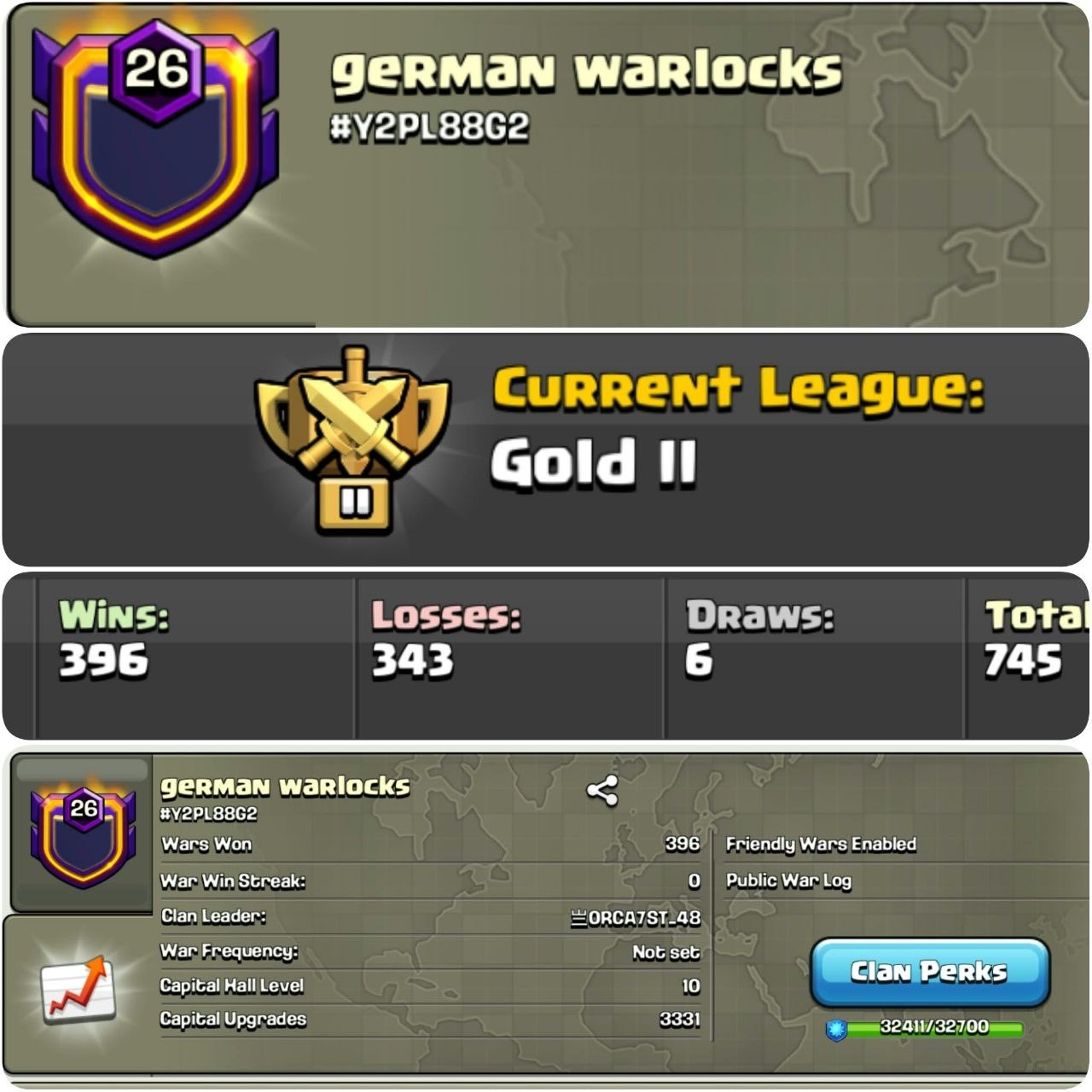 Level 26 💎 German Warlocks 🔥 Rare Clan ☣️ Capital Hall Full Max ⭐ War Win 396 💥 Lost 343 ☯️ BEST-DEAL