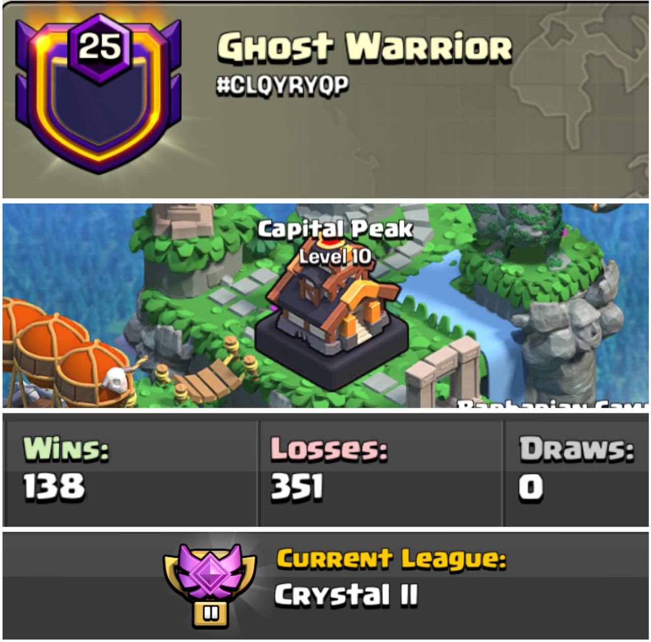 Clan Level 25 ✨ Ghost Warrior ✨ Capital Hall 10 ✨ Crystal League 2 ✨ Fast Delivery