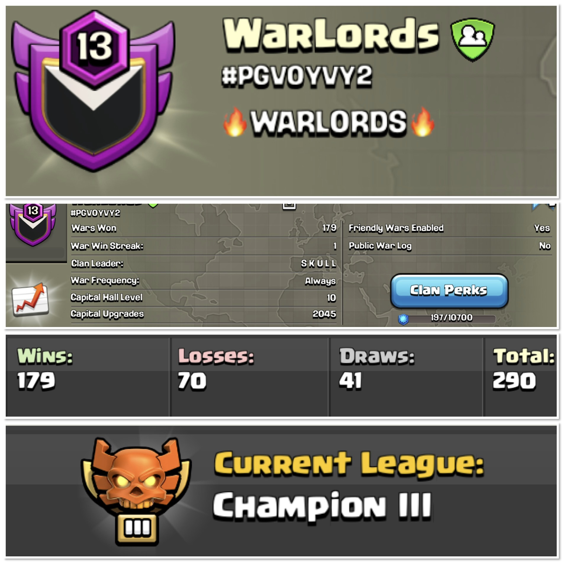 WARLORDS || LEVEL 13 CLAN || CHAMPION LEAGUE 3 || POSITIVE WAR LOG || CAPITAL HALL LVL 10