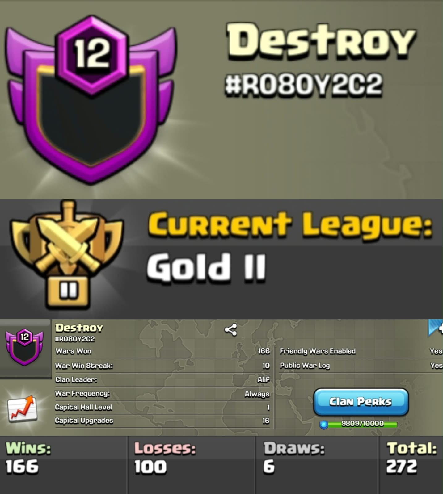 Level 12 clan || gold 2 || warlog 166-100 || name - Destroy