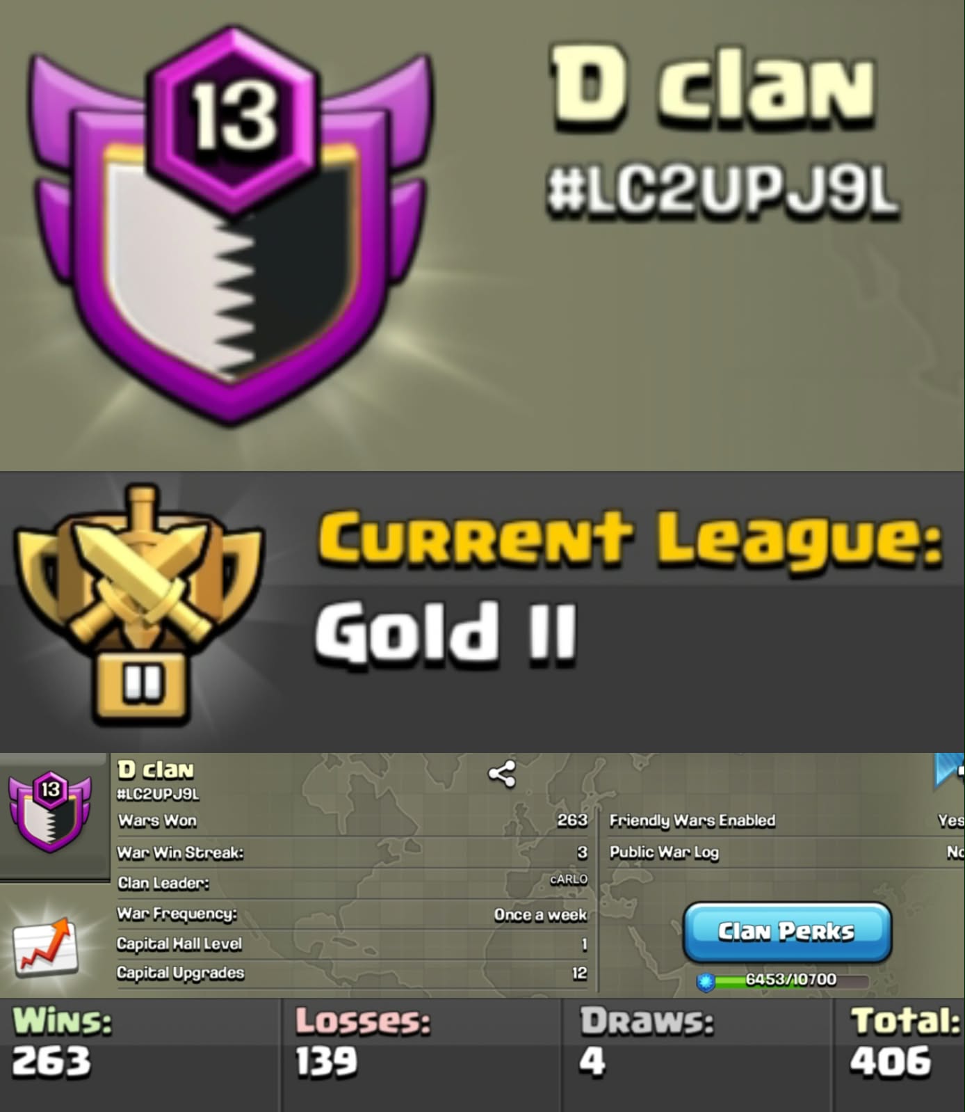 Level 13 clan || gold 2 || warlog 263-139 || name - D clan