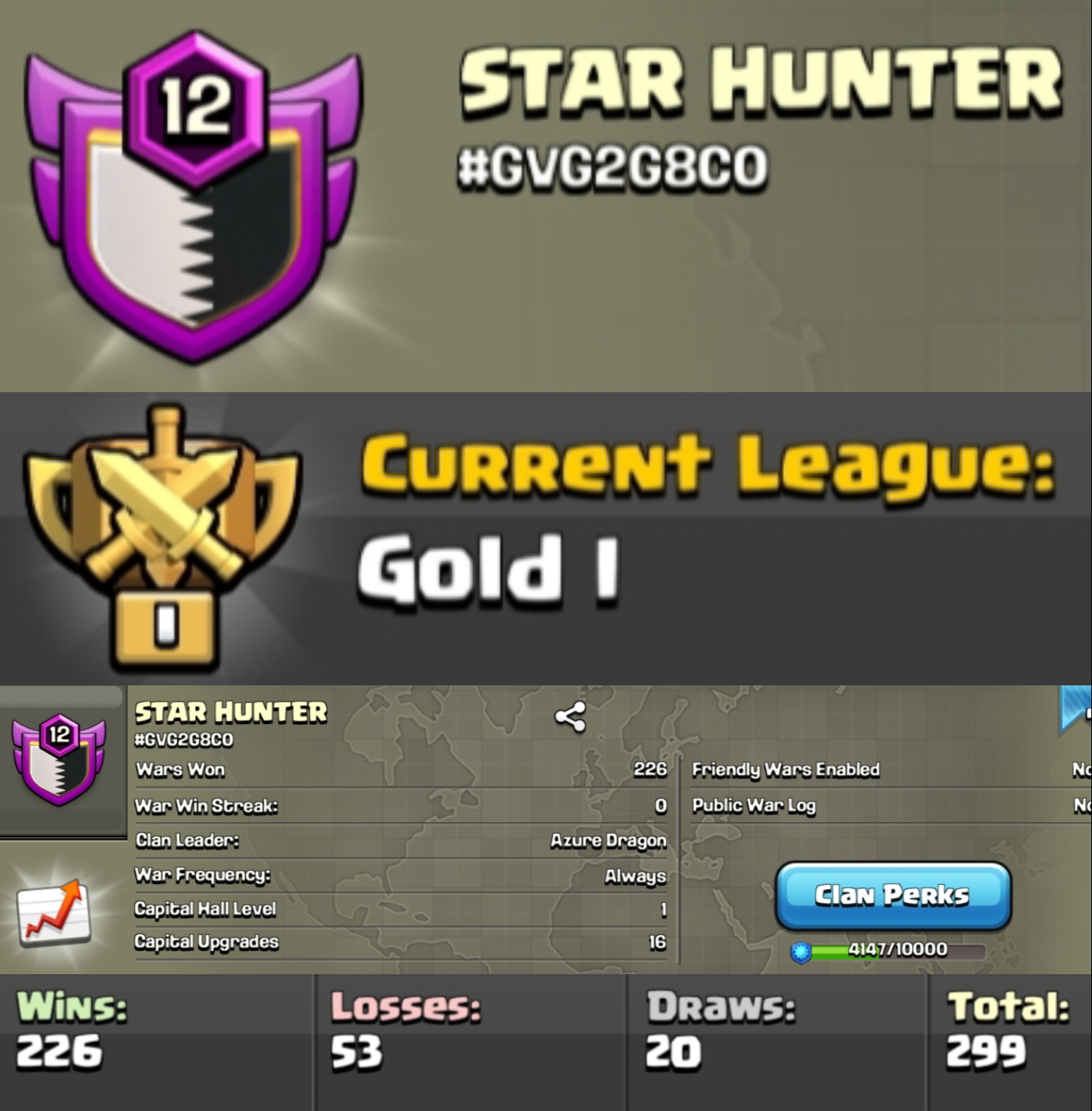 Level 12 clan || gold 2 || warlog 226-53 || name - STAR HUNTER