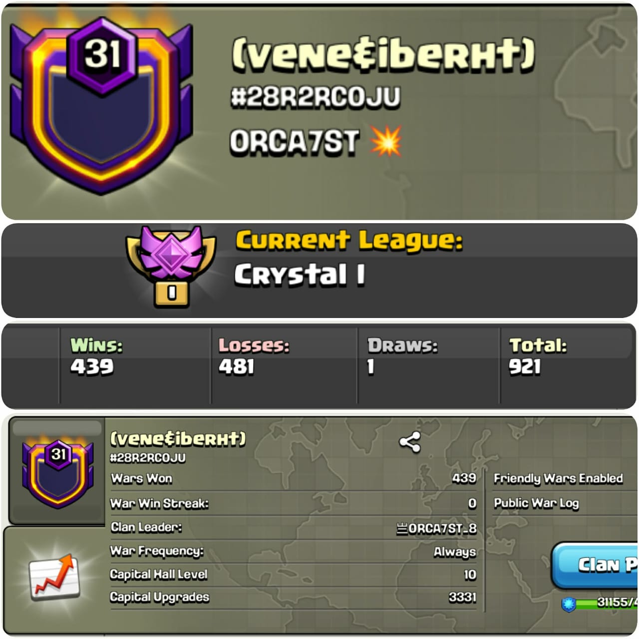 CU-3331 // CLAN LEVEL 31 //  CRYSTAL LEAGUE 1 // NAME: (VENE&Iberth // RARE ENGLISH NAME // CLAN CAPITAL 10 || WIN- 439 | LOSS- 481 // LOW PRICE