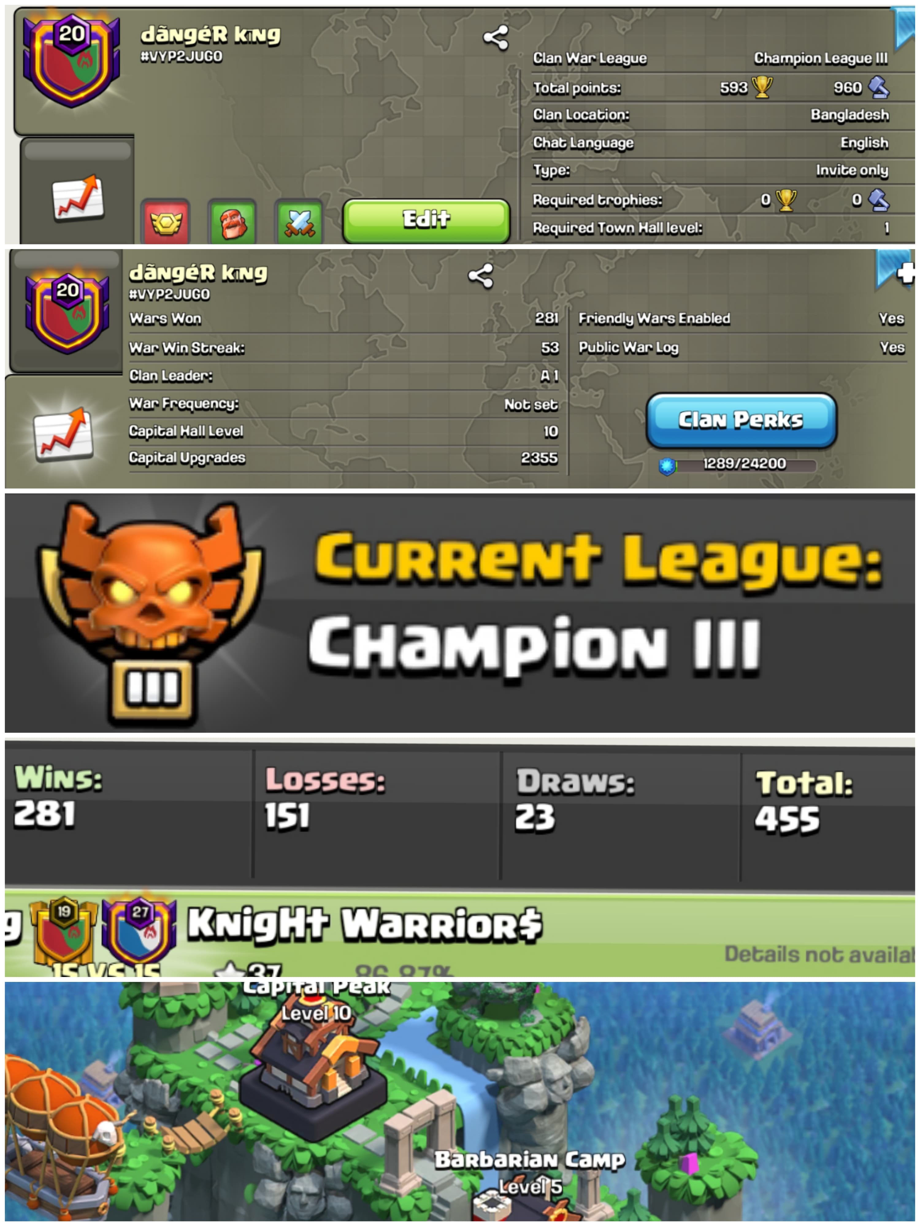 WAR WIN STREAK 53 | LEVEL 20 | CLAN CAPITAL-10 | NAME DANGER KING | CU-2355 | CHAMPION 3 | WIN-281 | LOSS-251