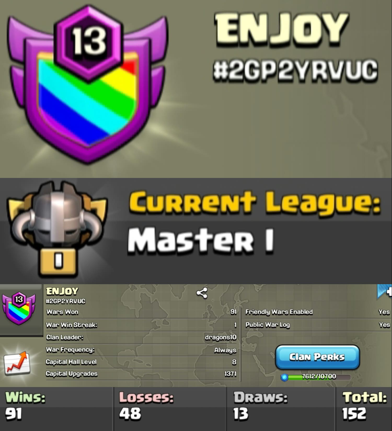 Level 13 clan || master 1 || clan capital 8 || warlog 91-48 || short name - ENJOY