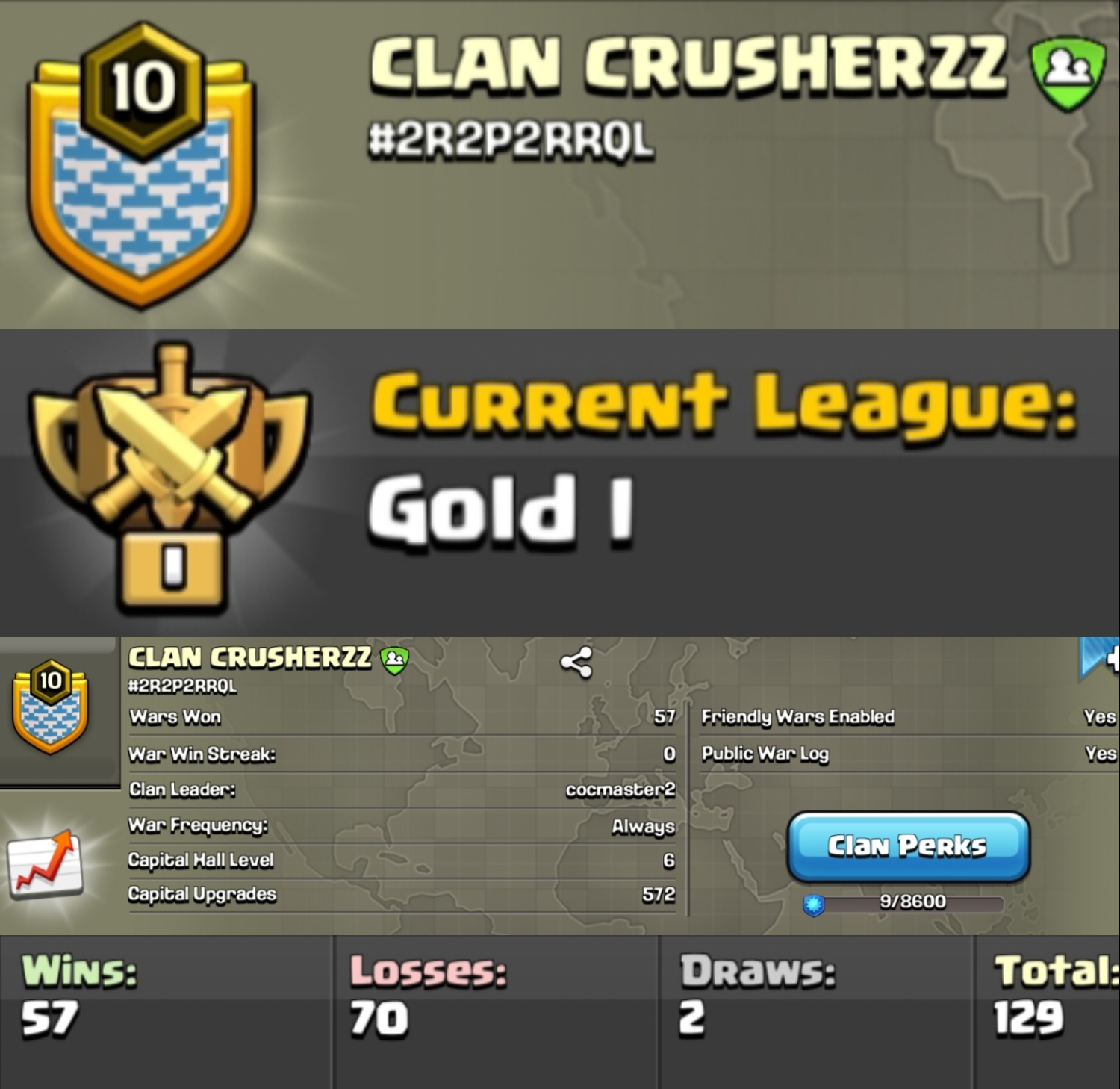 Level 10 clan || clan capital 6 || gold 1 || name - CLAN CRUSHERZZ