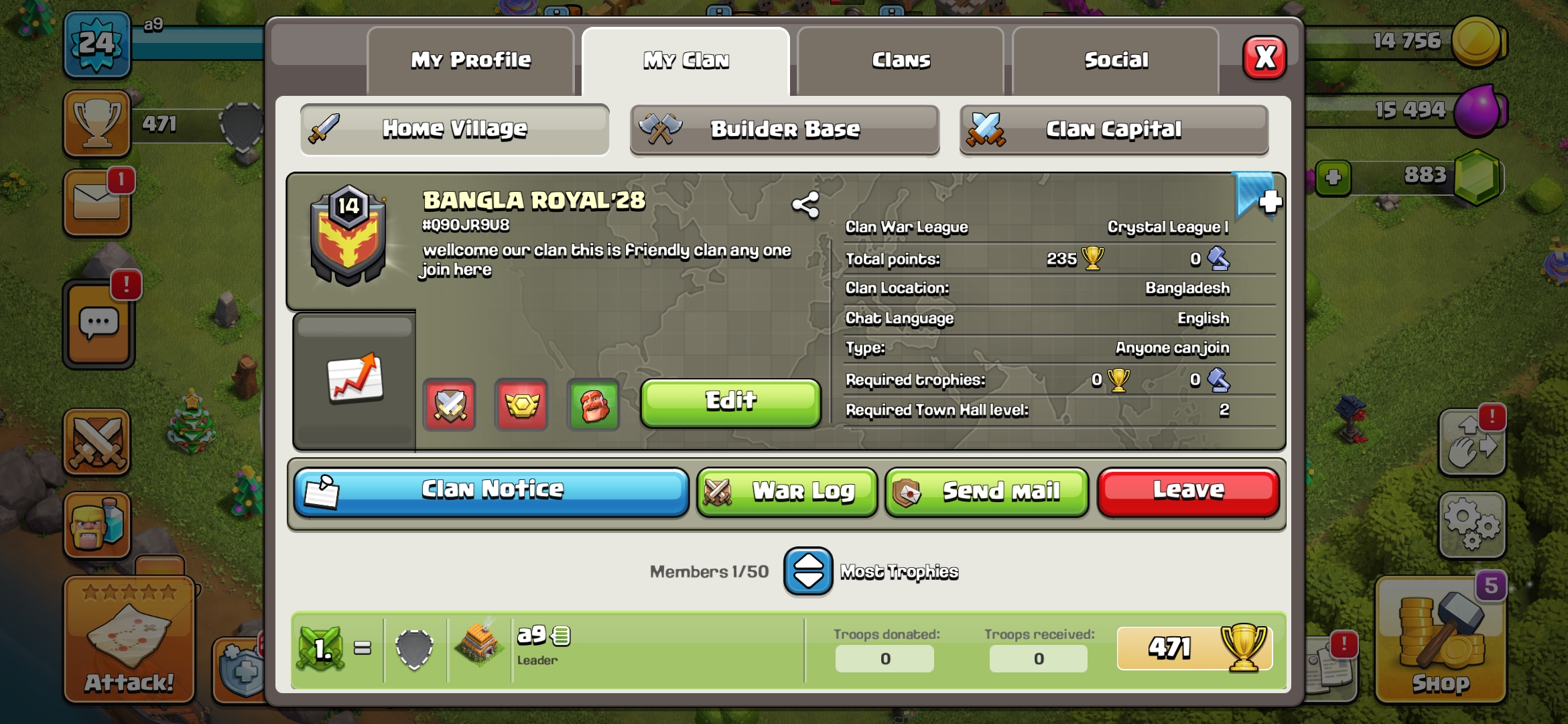 🔥 CLAN NAME:- BANGLA ROYAL'28🔥 CLAN LEVEL: 14 🔥 LEAGUE: CRYSTAL 1🔥 CHEAP PRICE 🔥INSTANT DELIVERY