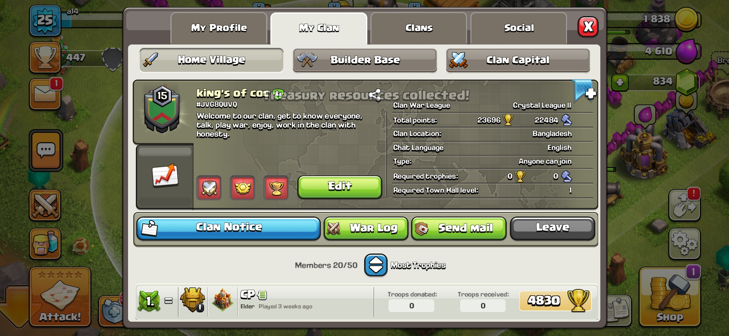 🔥CLAN NAME- KINGS OF COC🔥CLAN LEVEL: 15🔥 LEAGUE: CRYSTAL LEAGUE 2🔥 CLAN CAPITAL 7🔥INSTANT DELIVERY