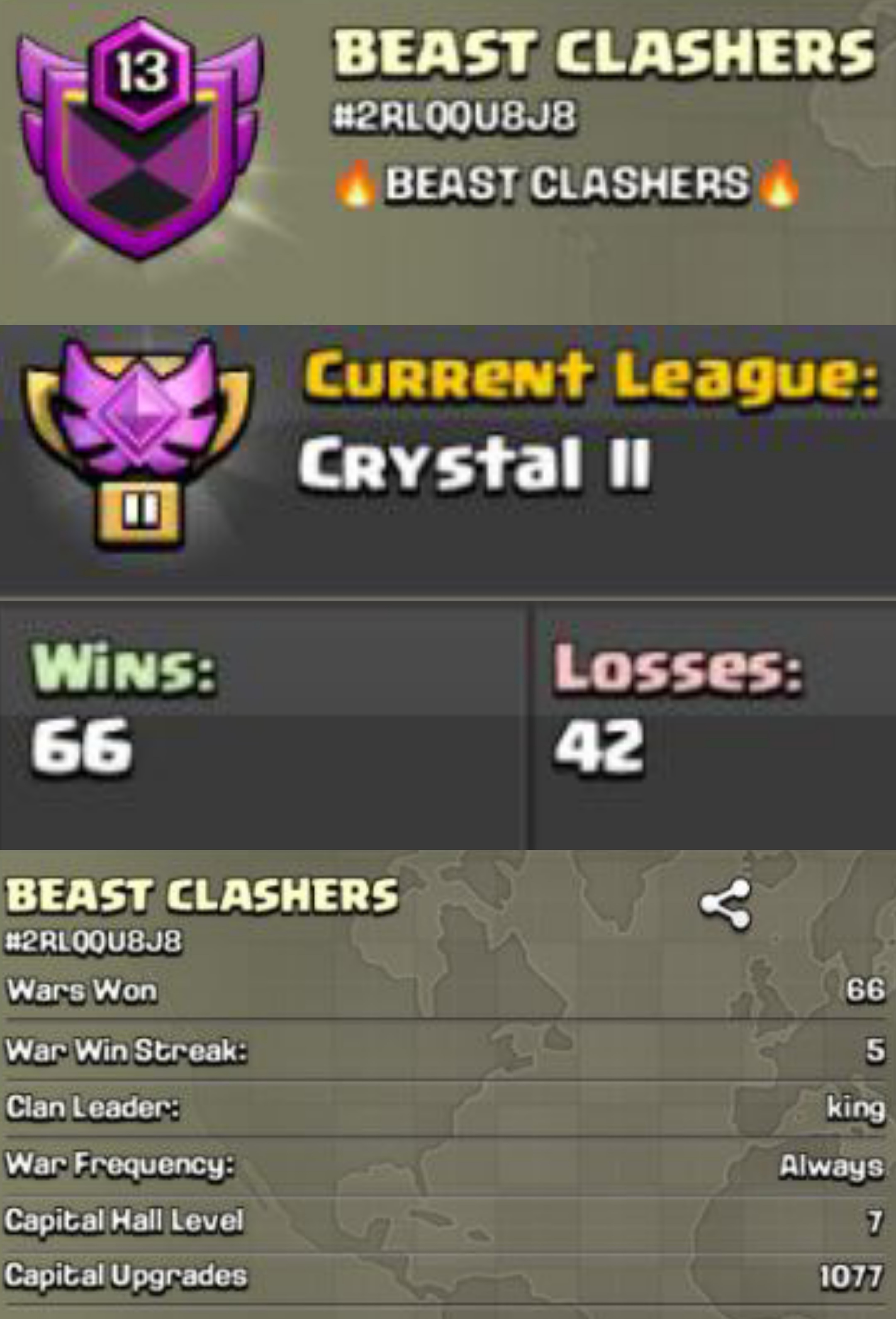[5*WarWinStreak] ** BEAST CLASHERS ** LVL-13 || ENGLISH NAME | CRYSTAL 2 | CLAN CAPITAL : 7 || GOOD NAME || CHEAPEST
