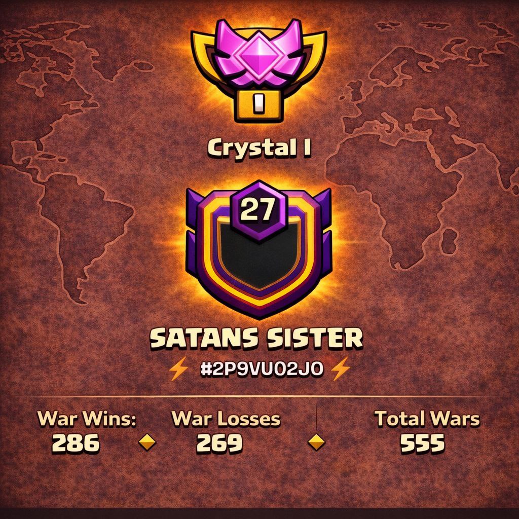 EVIL NAME 👺 SATANS SISTER 😈 LEVEL: 27 🏯 CAPITAL HALL: 10 ⚔️ WAR WON: 286-269 💎 CWL: Crystal I 💰 CHEAP INSTANT AVAILABLE