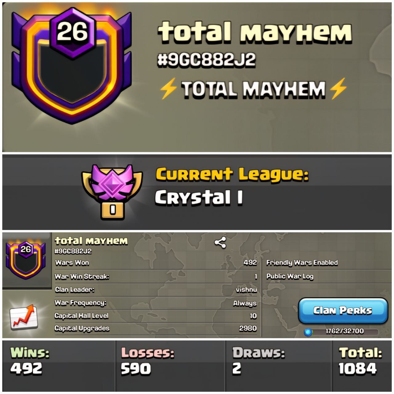 BEST NAME 🔥TOTAL MAYHEM 🔥 LEVEL: 26 🏰 CAPITAL HALL: 10 🗡️ WAR WON: 492-590 💎 CWL: Crystal I 💸 CHEAP INSTANT AVAILABLE