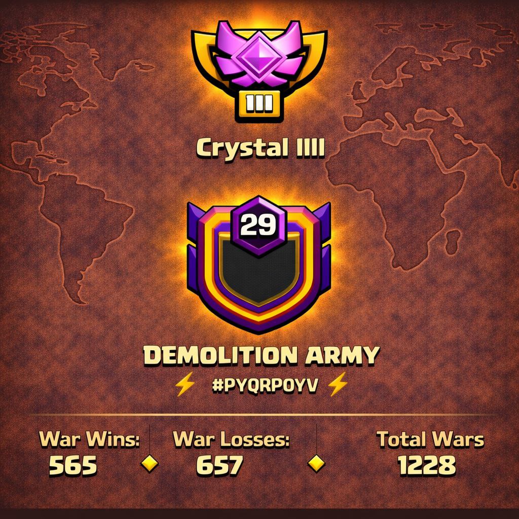 HIGH LEVEL 29 CLAN 💎 DEMOLITION ARMY 💣 LEVEL: 29 🏯 CAPITAL HALL: 10 ⚔️ WAR WON: 565-657 💠 CWL: Crystal III 💰 CHEAP INSTANT AVAILABLE