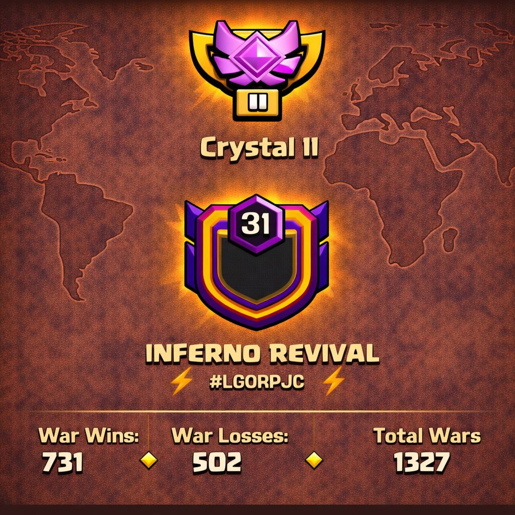 RARE CLAN 💎 LEVEL: 31 💎 INFERNO REVIVAL 🏰 CAPITAL HALL: 10 ⚔️ WAR WON: 731-592 💎 CWL: Crystal II 💸 CHEAP INSTANT AVAILABLE