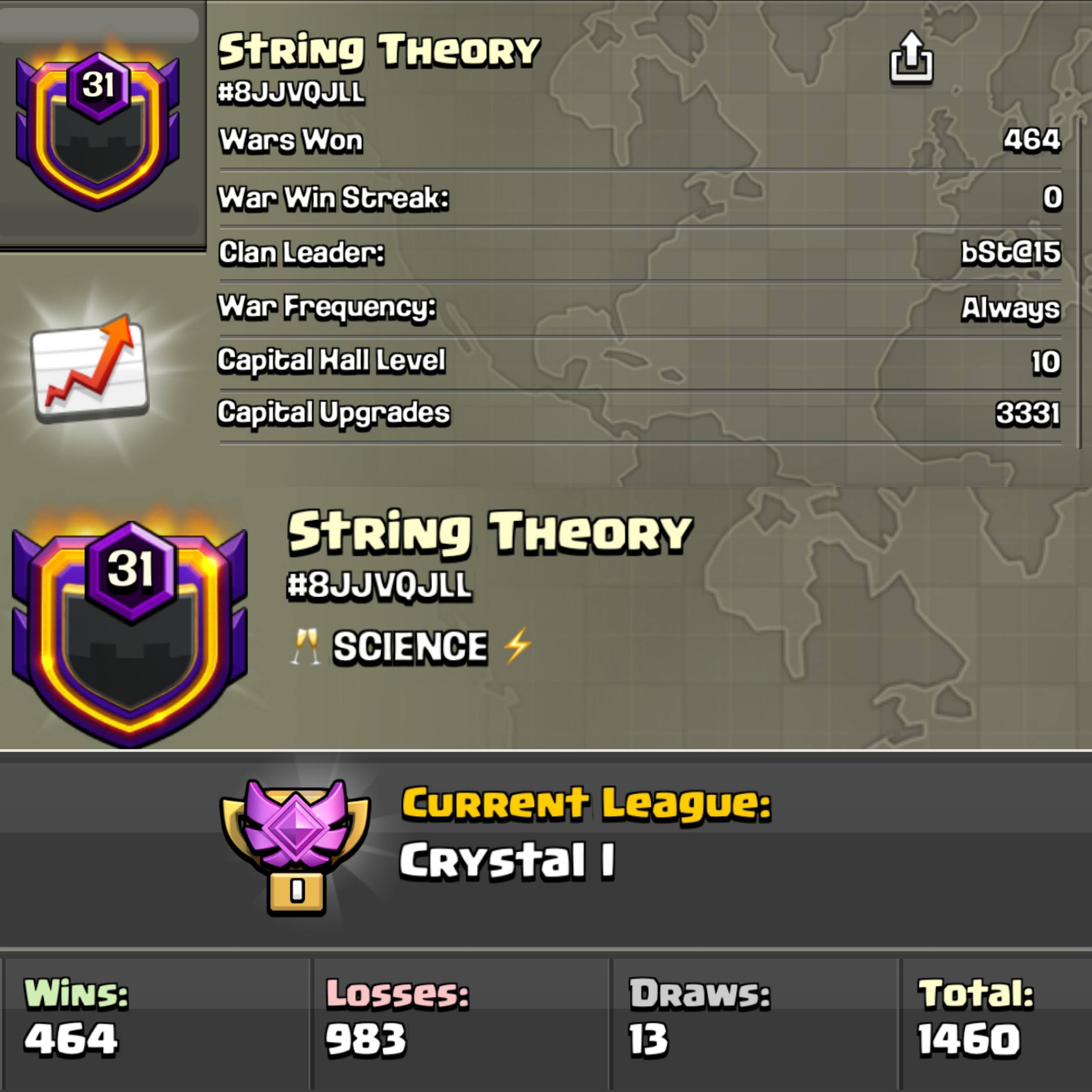 FULL MAX CLAN STRING THEORY 🧬 LEVEL: 31 🏯 CAPITAL HALL: 10 ⚔️ WAR WON: 464-983 💎 CWL: Crystal I 💸 CHEAP INSTANT AVAILABLE