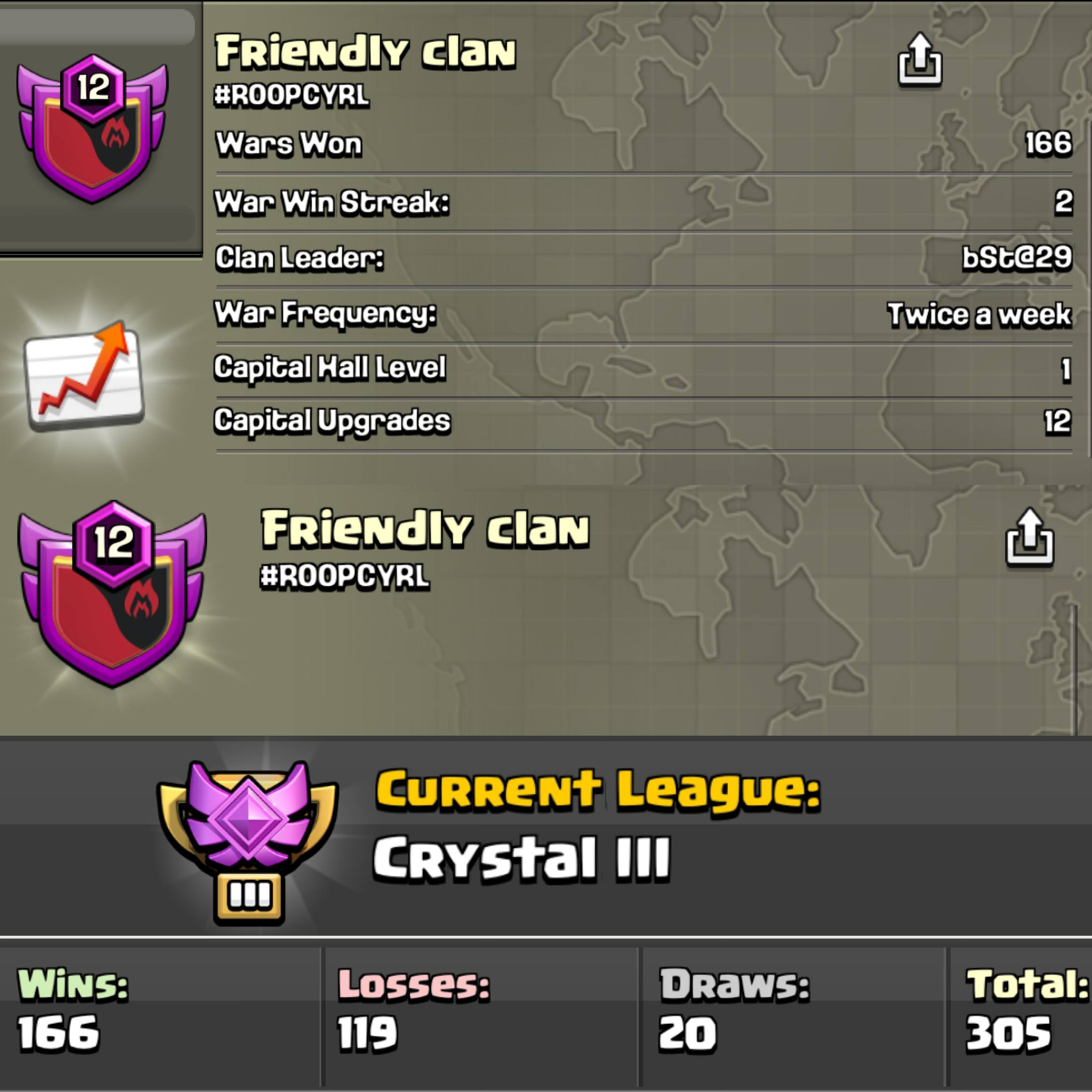 FRIENDLY CLAN 🤝 LEVEL: 12 🏰 CAPITAL HALL: 1 ⚔️ WAR WON: 166-119 💠 CWL: Crystal III 💰 CHEAP INSTANT AVAILABLE