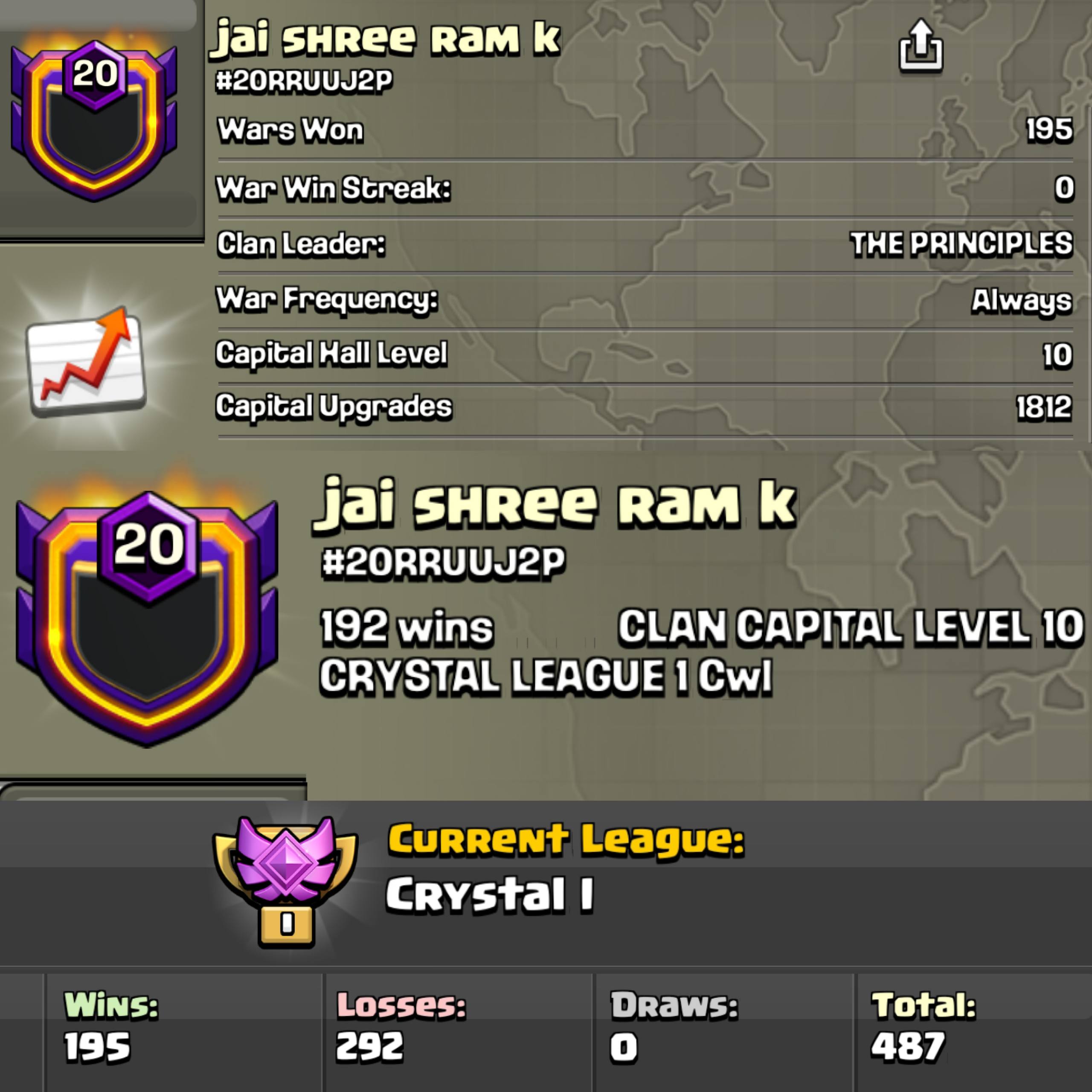 JAI SHREE RAM K 🔥 LEVEL: 20 🏯 CAPITAL HALL: 10 🗡️ WAR WON: 195-292 💎 CWL: Crystal I 💸 CHEAP INSTANT AVAILABLE