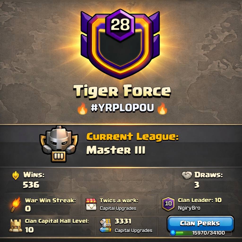 FULL MAX CLAN 🏆 TIGER FORCE 🏆 LEVEL: 28 🌟 CWL: MASTER III ⚔️ WARLOG: 536-336 🏰 CAPITAL HALL 10 | UPGRADES 3331